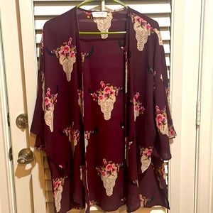 burgundy skull and floral print kimono